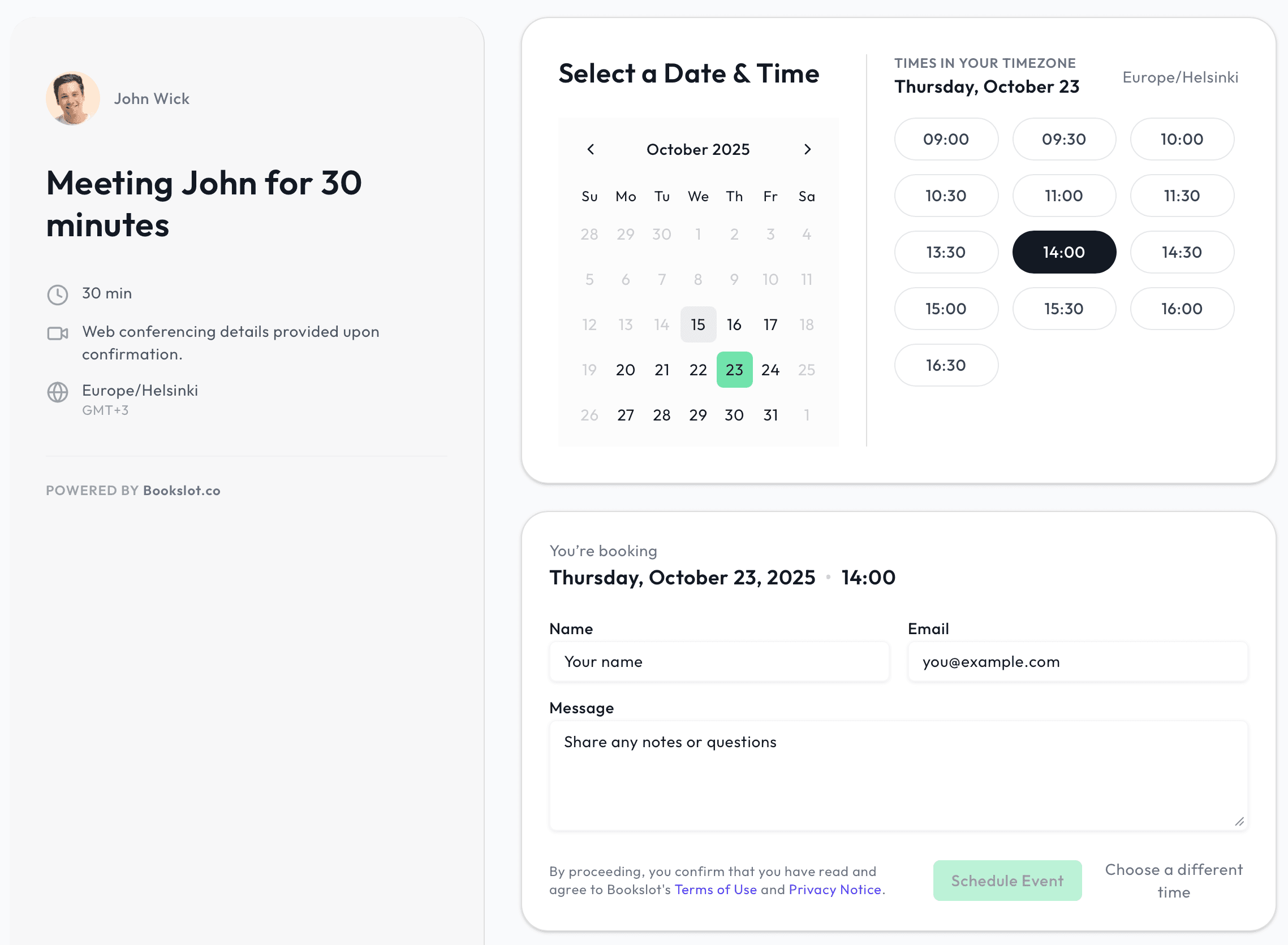 Screenshot of Bookslot.co scheduling dashboard highlighting key features